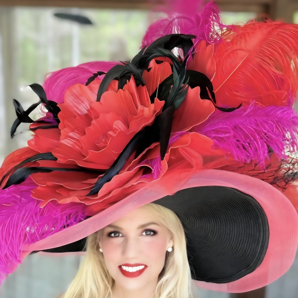 New Kentucky Derby Hat Vibrant Red and Pink Feathered Women's Hat.